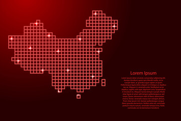 China map silhouette from red mosaic structure squares and glowing stars. Vector illustration.