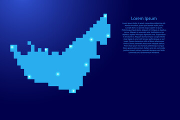 Fototapeta premium United Arab Emirates, UAE map silhouette from blue square pixels and glowing stars. Vector illustration.