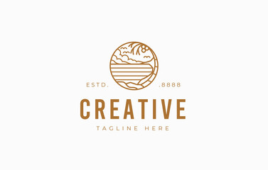 Beach monoline logo design. Vector illustration of seaside beach with coconut tree and sun simple modern style. Vintage logo design vector line icon template