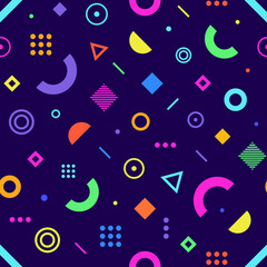 Seamless pattern with abstract shapes, lines. Colorful vector elements in doodle style for background, wallpaper, textile, cover, banner, card. Simple, fun design. Modern graphic for holiday. Trendy t