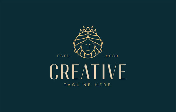 Beautiful Queen Logo Design Inspiration. Vector Illustration of Empress With Beautiful, Aesthetic Long Hair and Crown. Modern Icon Design Vector Template with Line Style