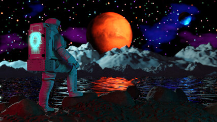 astronauts on Sifi, space travelers exploring the sifi landscape. 3d rendering. - obrazy, fototapety, plakaty