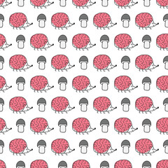 Vector seamless pattern with pink hedgehogs and mushroom on white background. Hand-drawn cute doodle illustration.