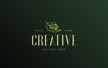 Nature Balancing Rock Logo Design Template. Balanced stacked stone on the leaf design. Creative Vector Icon Design Concept.