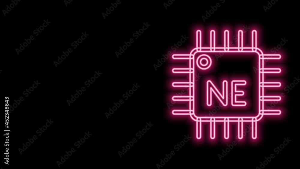 Poster glowing neon line computer processor with microcircuits cpu icon isolated on black background. chip 