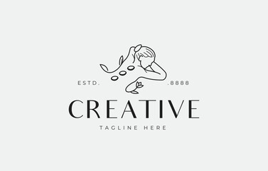 Woman's Stone Therapy Logo Design. Woman sleeping on her back with a therapeutic stone on her back. Creative Line Vector Icon Concept.