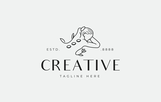 Woman's Stone Therapy Logo Design. Woman sleeping on her back with a therapeutic stone on her back. Creative Line Vector Icon Concept.