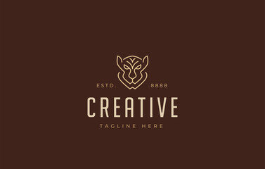 Cat Face Logo Design. Big Wild Cat Head Angry Line Art Icon Design Template