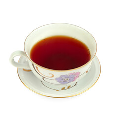 Tea in a vintage porcelain cup isolated on white.