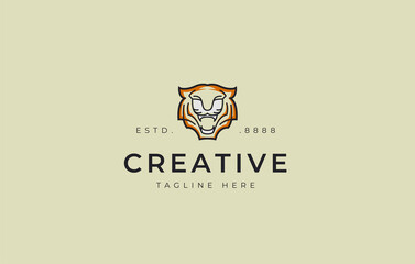 Roaring Tiger Logo Design. Big Wild Cat Head Line Art Icon Design Template
