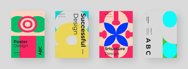 Abstract set Placards, Posters, Flyers, Banner Designs. Colorful illustration on vertical A4 format. Original geometric shapes composition. Decorative minimal backdrop.