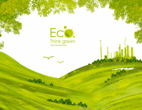 Illustration of environmentally friendly planet. Green factory and tree on the field, planting from watercolor stains,isolated on a white background. Think Green. Ecology Concept.