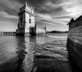 View of the Belem tower. District of Belem. River Tagus. Districts of Lisbon. Portugal. View of the Belem tower. District of Belem. River Tagus. Districts of Lisbon. Portugal. Black and white