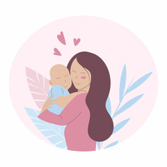 A young happy woman holds a baby in her arms on circle. Mother day concept