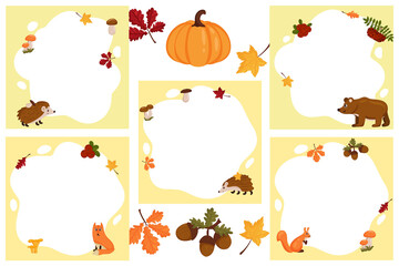 Fototapeta premium Forest animals. Set of vector frames in the form of a spot with elements of autumn, in a flat cartoon style.