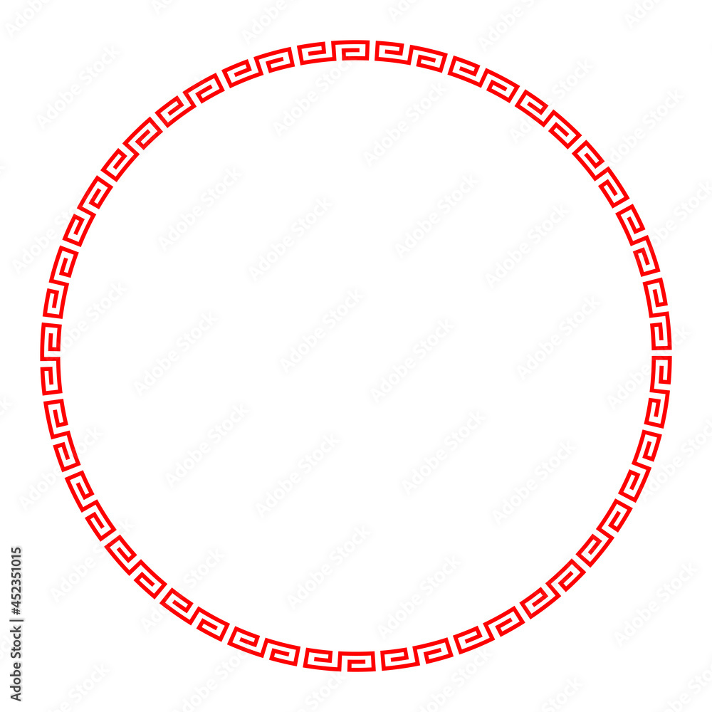 Poster red meander circle with simple meander pattern. frame and decorative border, made of angular spirals