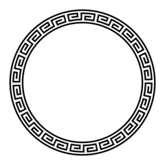 Circle frame with a simple meander pattern. Decorative border and ring, made of angular spirals, shaped into a seamless motif, within two circles. Greek key. Black and white illustration, over white.