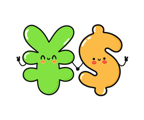 Cute, funny happy japanese yen and dollar character. Vector hand drawn cartoon kawaii characters, illustration icon. Funny cartoon japanese yen and dollar friends concept