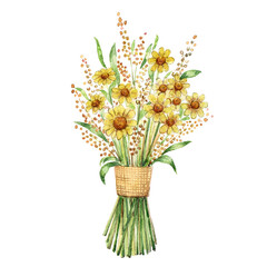 Watercolor painting of a bouquet of flowers with colorful patterns