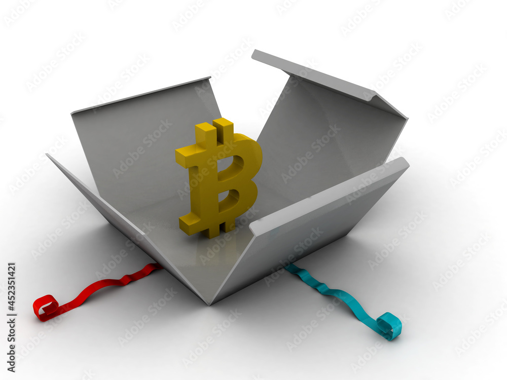 Poster 3d rendering bitcoin sign currency on box