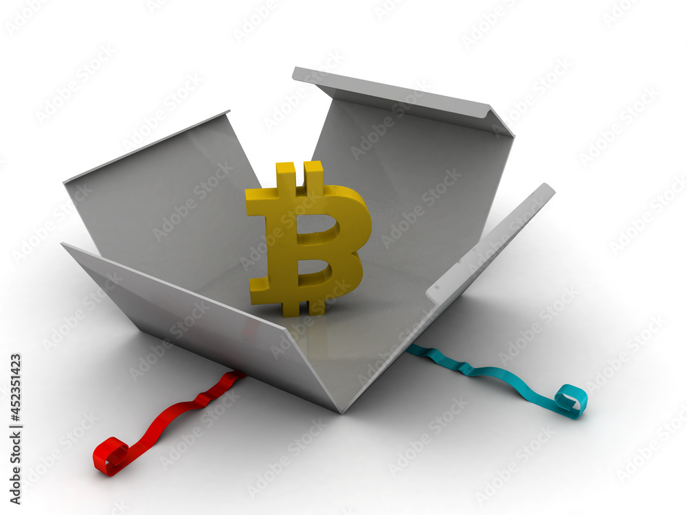 Poster 3d rendering bitcoin sign currency on box