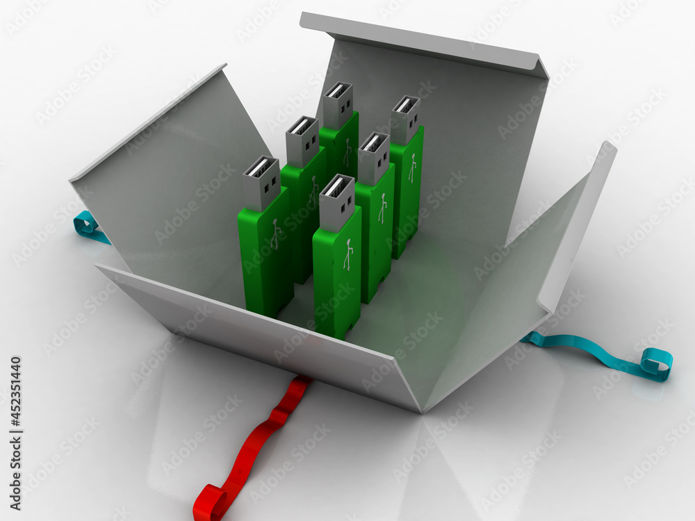 Poster 3d rendering usb icon on opened box