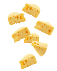 Falling cheese, isolated on white background, clipping path, full depth of field