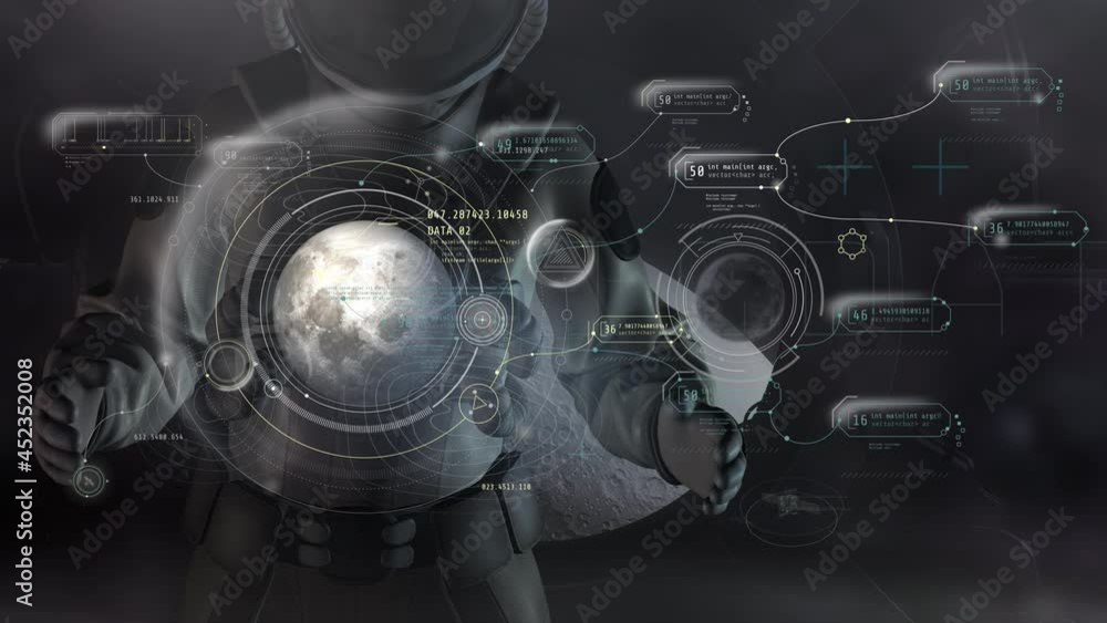 Poster an astronaut in a spacesuit works on a virtual panel, 3d render.
