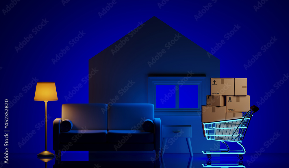 Poster minimal mock up background for 24 hour online home shopping concept. home interior and shopping cart