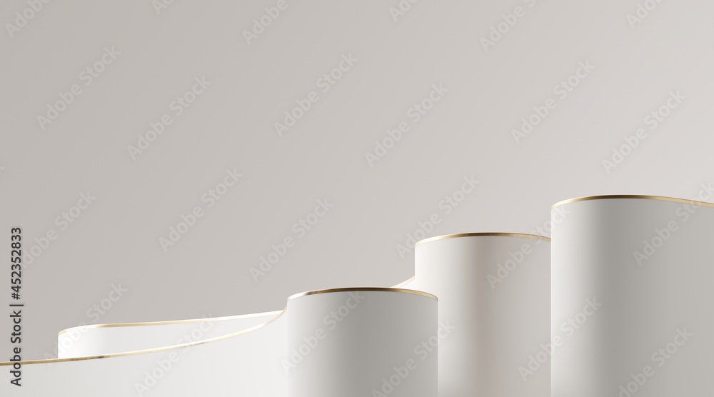 Poster minimal abstract background for product presentation. white podium with golden rim on white podium. 