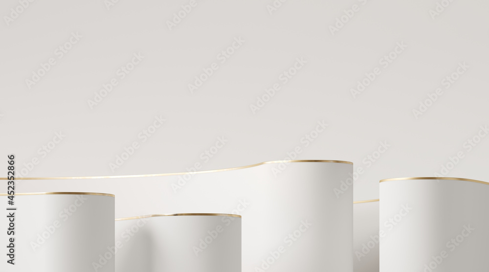 Poster minimal abstract background for product presentation. white podium with golden rim on white podium. 