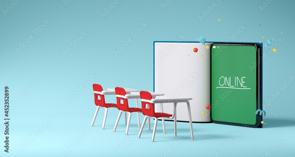 Poster minimal background for online education concept. lecture school chair and smartphone with blackboard