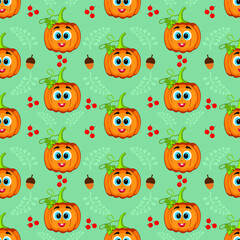 A beautiful pumpkin for Halloween, Thanksgiving day. Vector seamless pattern, cute cartoon handmade pumpkins. Suitable for seasonal textile prints, holiday banners, backgrounds or wallpapers.