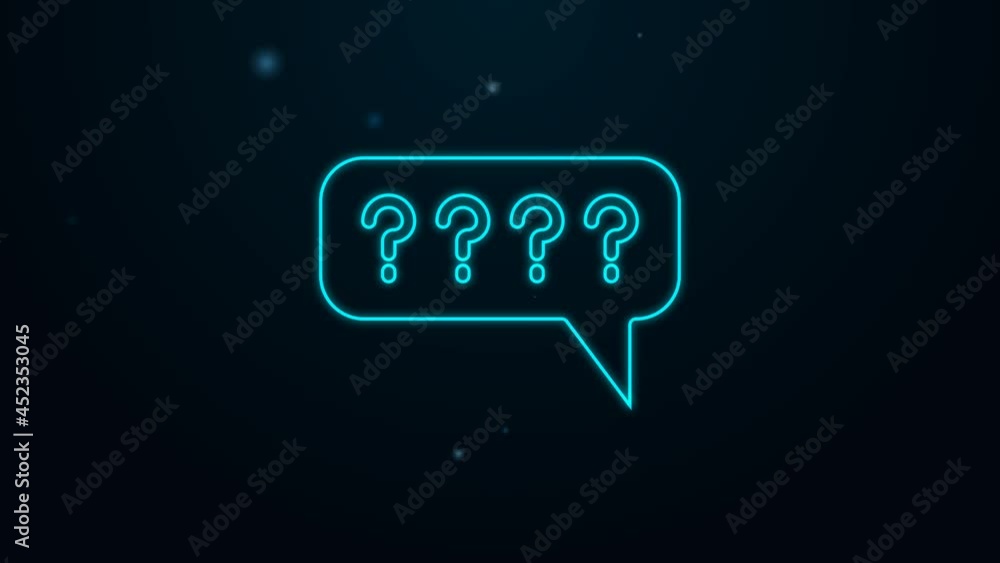 Poster glowing neon line speech bubbles with question icon isolated on black background. faq sign. chat spe