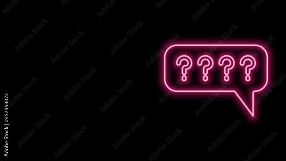 Poster glowing neon line speech bubbles with question icon isolated on black background. faq sign. chat spe