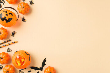 Top view photo of halloween decorations pumpkin baskets candy corn straws spiders web and bats silhouettes on isolated beige background with copyspace on the right