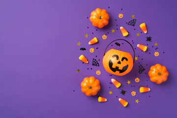 Naklejka premium Top view photo of halloween decorations pumpkins basket candy corn black sequins golden stars bat spider web silhouettes on isolated violet background with copyspace