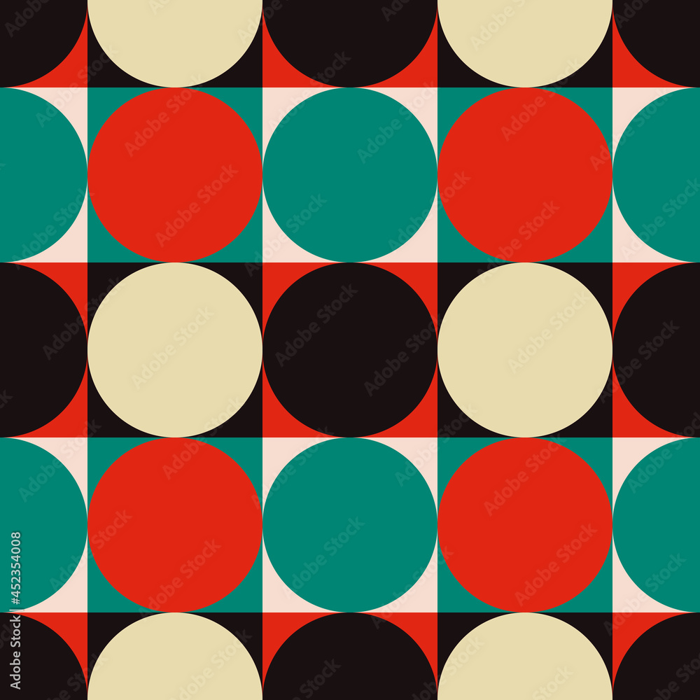 Poster Abstract repeated circles pattern. Vector repeated circles over squares. Seamless red and turquoise circles.