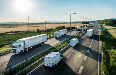 Convoy or caravans of transportation trucks passing vans and truck on a highway on a bright blue...