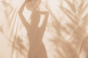 Sunlit silhouette of a sexy shapely lady through a filmy fabric