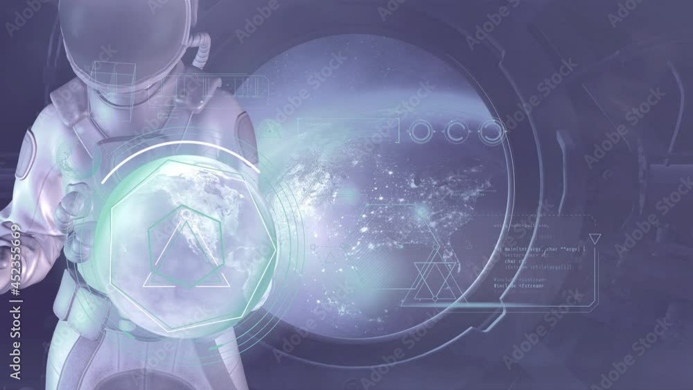 Poster an astronaut is analyzing data from the earth's orbit, 3d render.