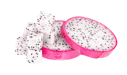 Dragon fruit isolated on white background. Slice of fresh Pitaya or Pitahaya fruit with clipping path.