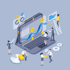 isometric vector illustration on a gray background, charts and graphs on a tablet screen, people in business clothes are working with data analysis, statistics collection