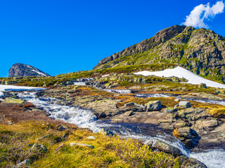 Storehødn and Veslehødn mountains panorama at Hydnefossen waterfall Hemsedal Norway.