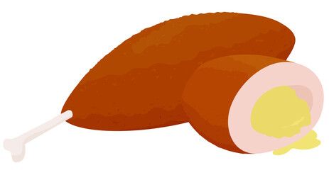 Cartoon breaded chicken kiev cutlets half and whole isolated on white background. Traditional food illustration.