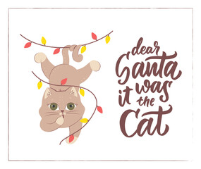 The Merry Christmas card with cat and lettering phrase