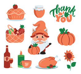 The set of autumn stickers with gnome, text and holidays icons