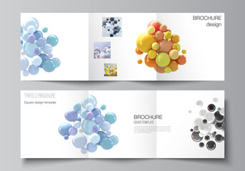 Vector layout of square format covers templates for trifold brochure, flyer, magazine, cover design, book design. Abstract realistic vector background with multicolored 3d spheres, bubbles, balls.