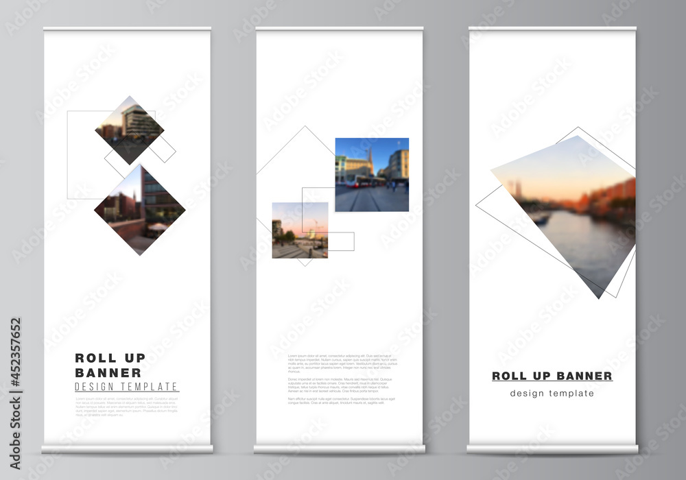 Aufkleber vector layout of roll up mockup design templates with geometric simple shapes, lines and photo place