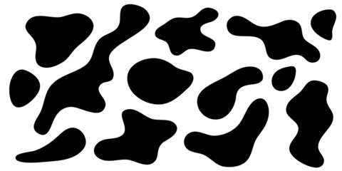 Naklejka na ściany i meble Amorphous amoeba shapes, asymmetric blobs. Smooth liquid form, black ink splash and stain isolated on white background. Vector illustration, flat design.